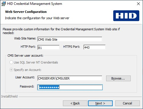 HID Credential Management System Web Server Configuration dialog box with the various fields completed